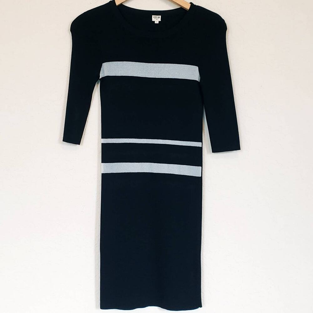 Uniq‎ Black Silver Stripe Knit Dress Women's Medium Casual Fall Autumn Neutral